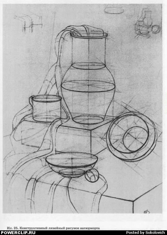 Линейно конструктивный рисунок простого натюрморта фото
